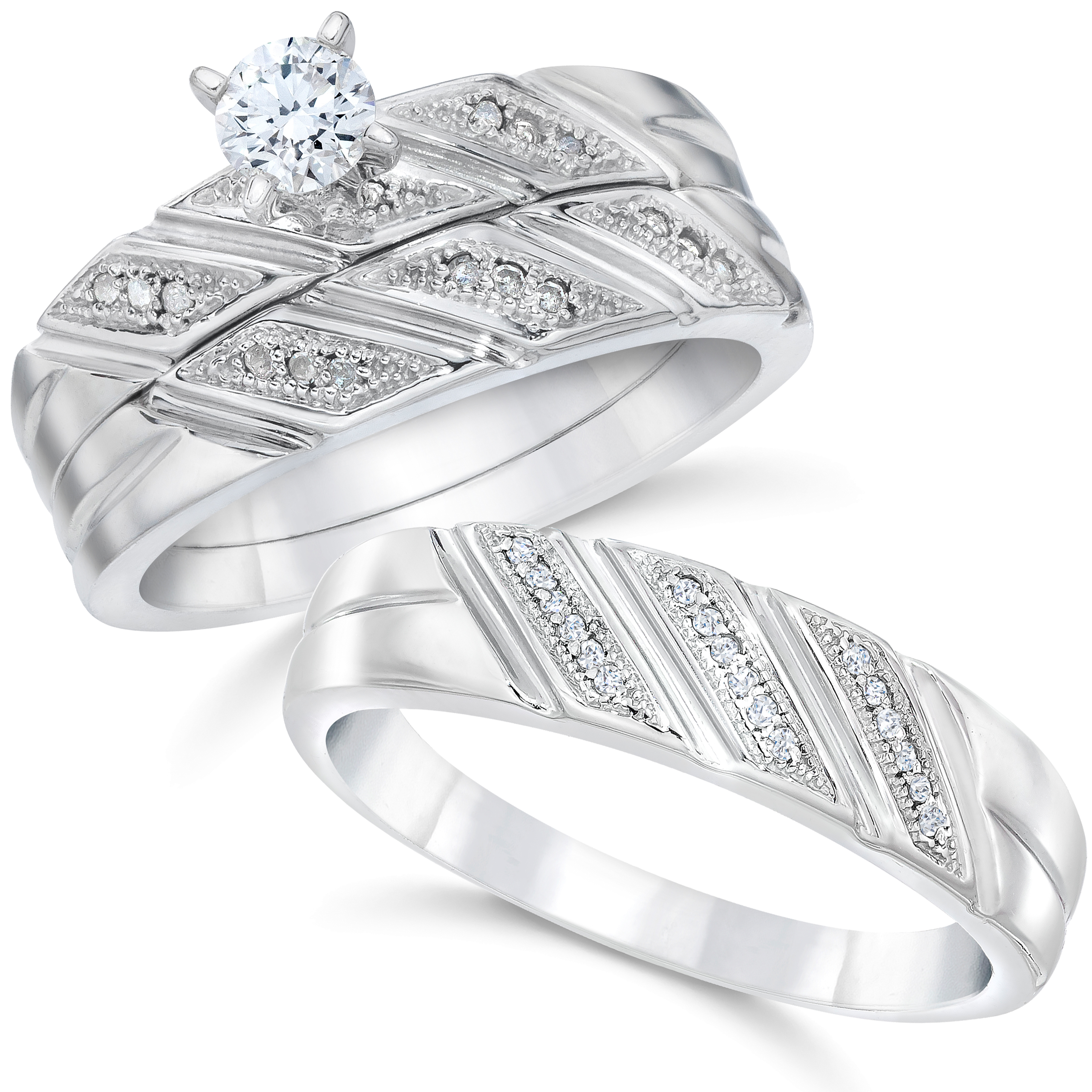 Diamond 14K White Gold Over Trio His And Her Bridal Wedding Engagement Ring Set 
