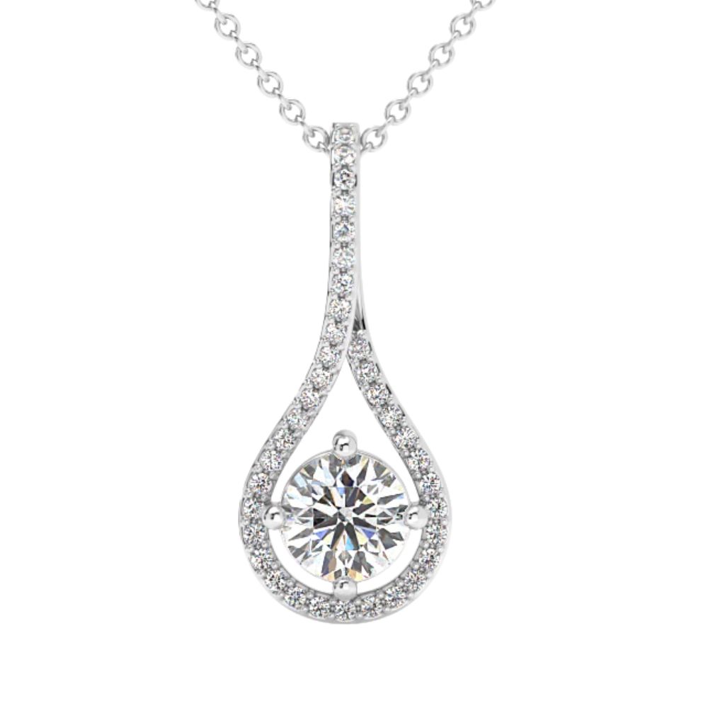 1 1/10Ct TW Diamond Halo Drop Pendant 14k Gold Necklace Lab Grown 1″ Tall