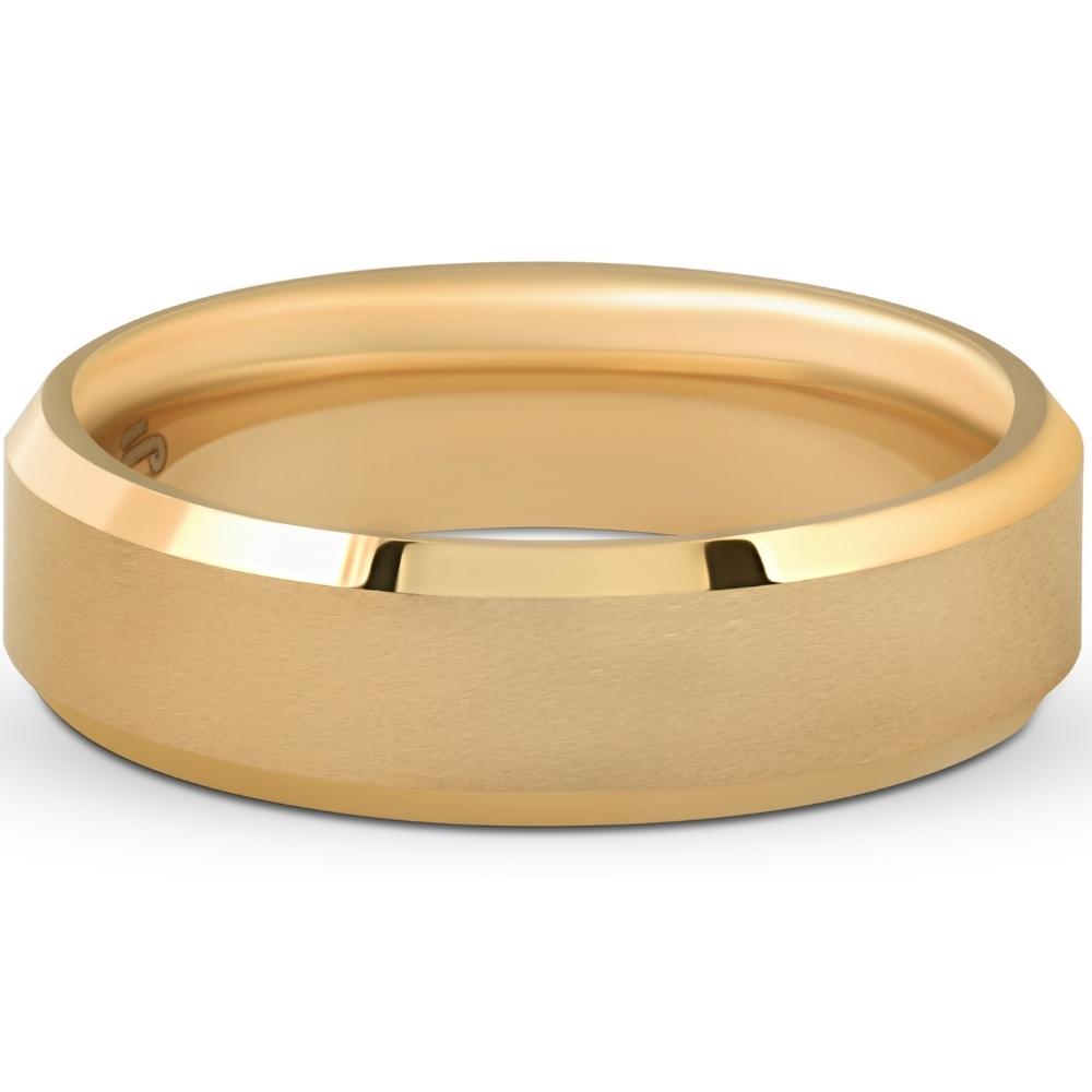 Mens Gold Plated Tungsten Ring 6mm Comfort Fit Brushed Beveled Edge Wedding Band - Picture 7 of 13