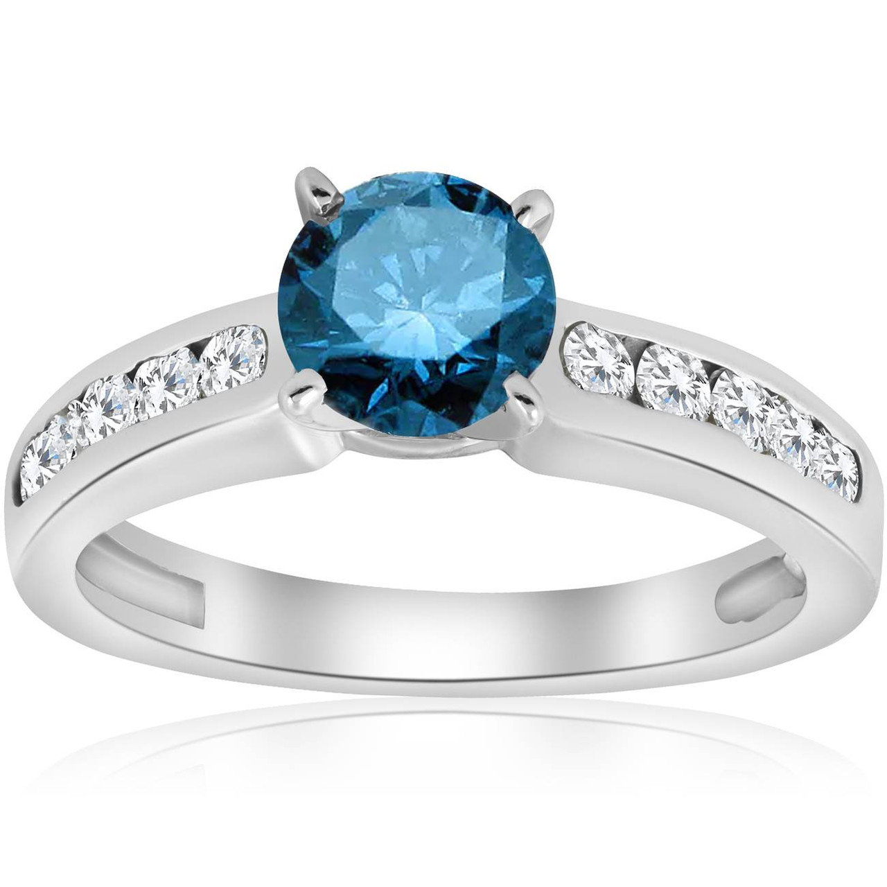 1 1/2 ct bague de fiançailles diamant bleu ensemble de canaux en or blanc 14 carats